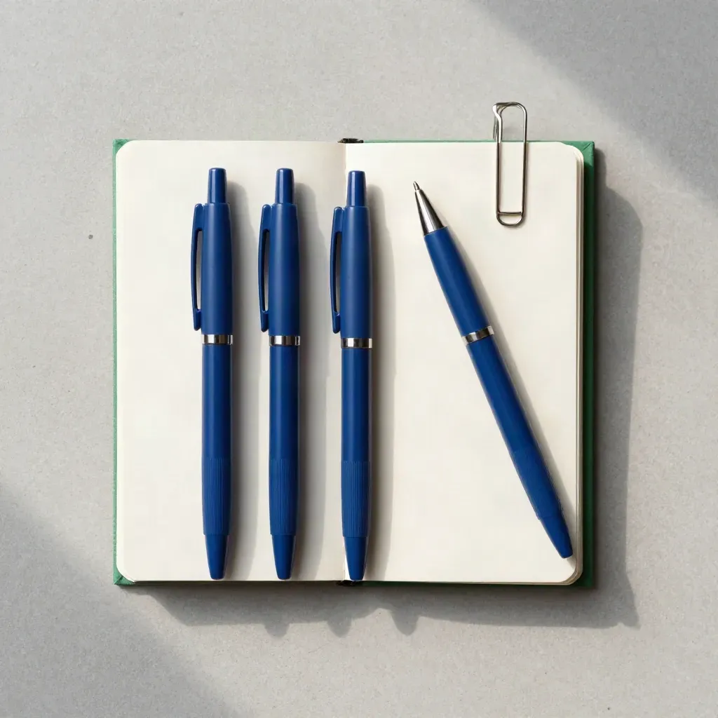 Four blue ballpoint pens with caps and a folded notebook page in a precise overhead flatlay.