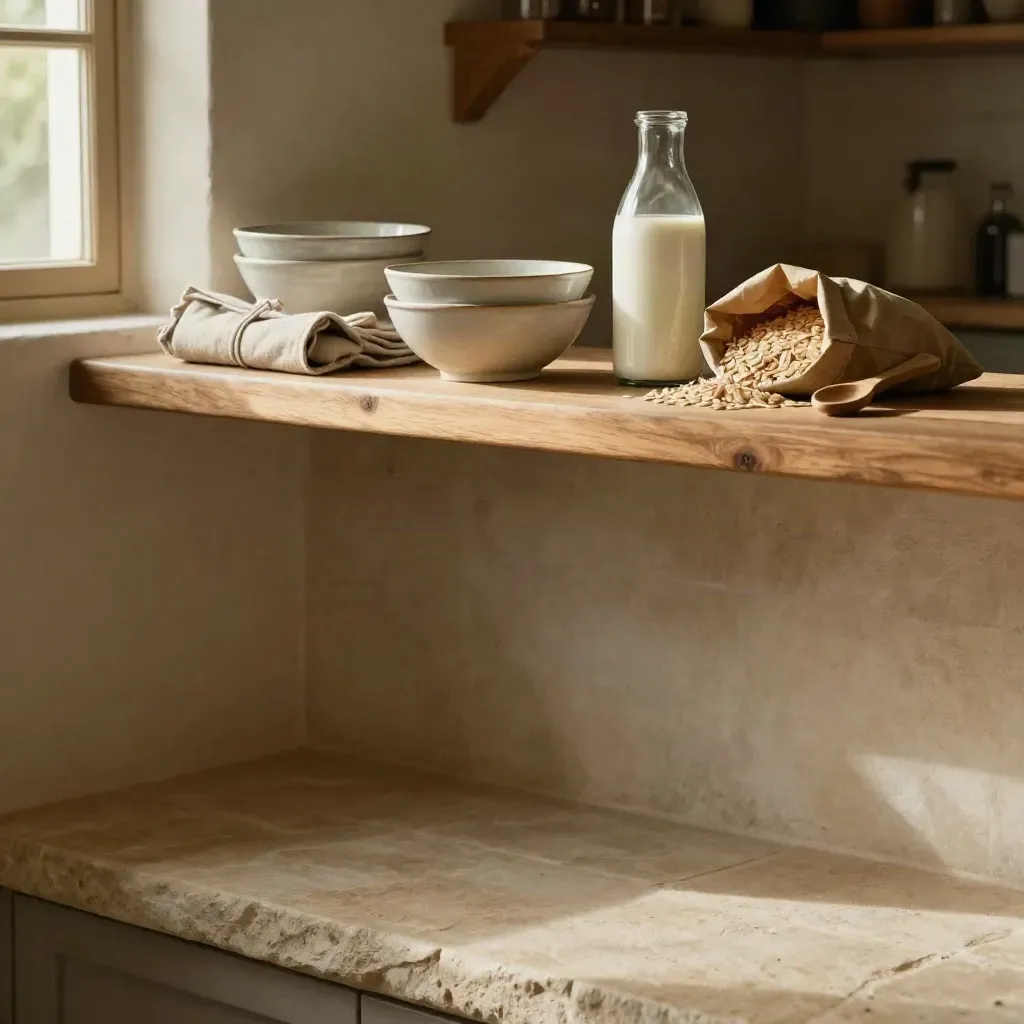 Sunlit pantry counter with ceramic bowls, milk bottle, oats, and linen on a calm neutral backdrop.