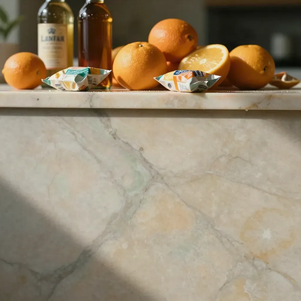 Marble surface with blurred citrus, bottles, and wrappers above a calm empty copy area.