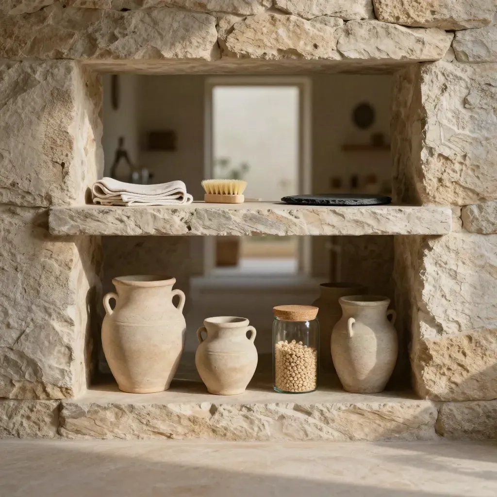 Stone village niche with stacked neutral containers in soft afternoon light