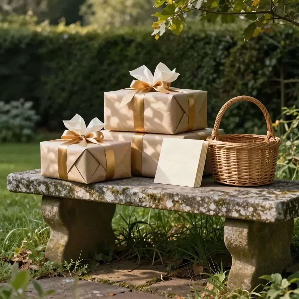 Wrapped parcels and greeting cards on a stone bench beneath a blurred hedge in soft summer light.