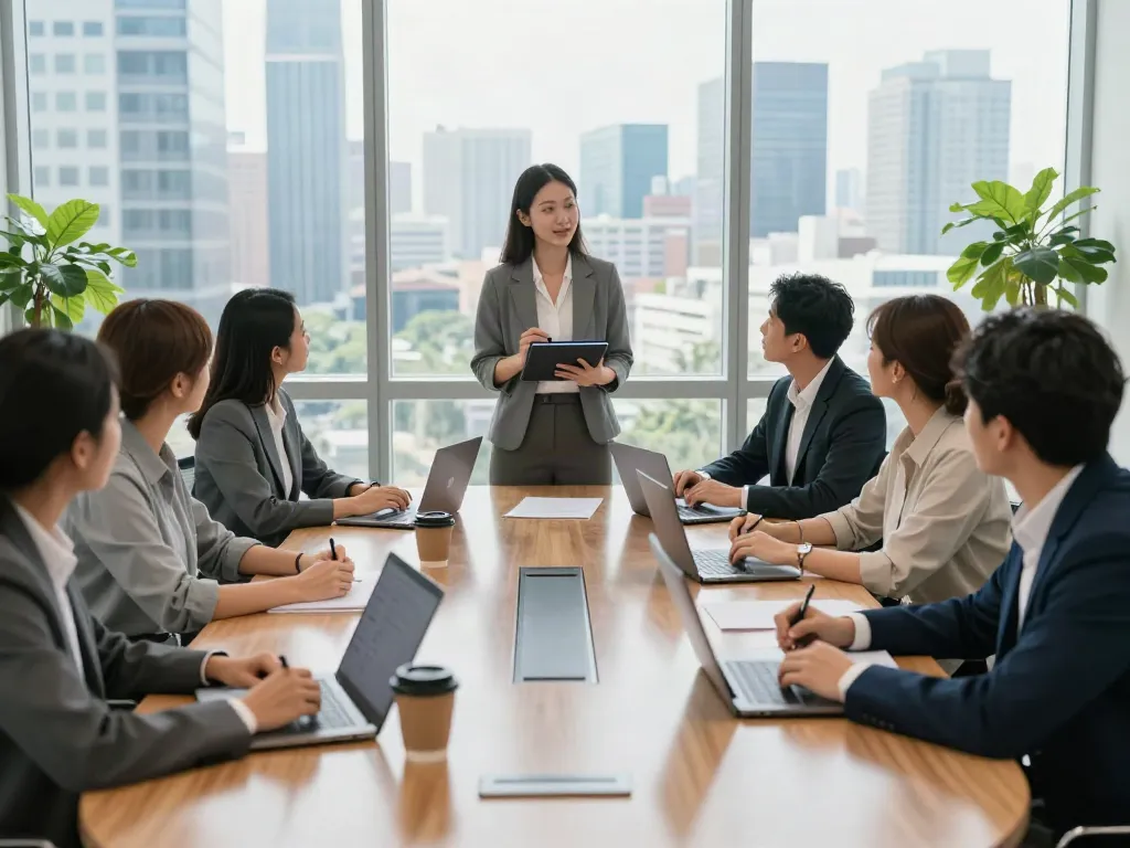 Professionals in a meeting are speaking during a collaborative discussion with digital devices.