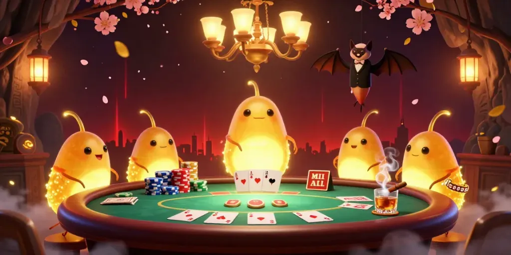 Experience xoso66's vibrant casino atmosphere as glowworms illuminate a lively poker scene.