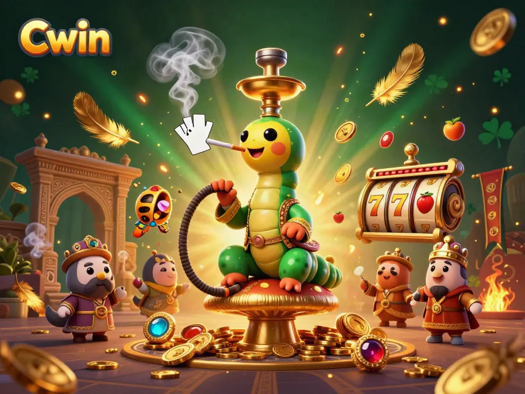 Engage with Cwin's vibrant 3D casino world featuring a whimsical caterpillar and rich gaming elements.