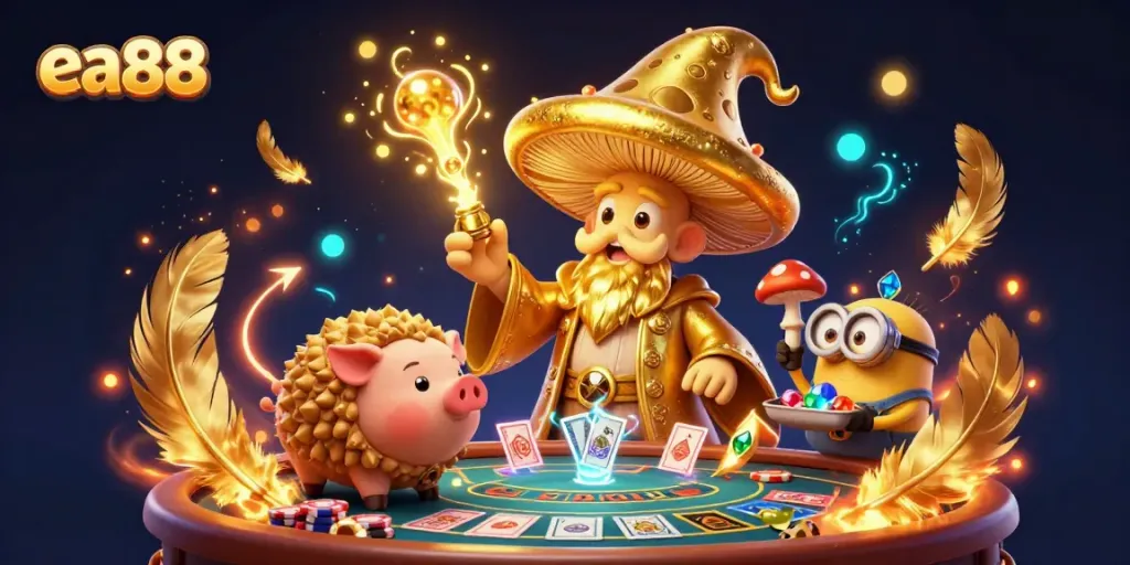Join the magical world of ea88 with a treasure-hunting wizard in an energetic baccarat scene.