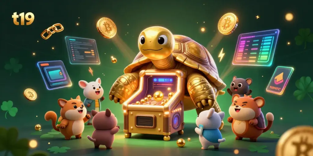 Engage with thrilling gameplay at t19's dynamic gambling scene featuring a colossal tortoise and vibrant crypto elements.