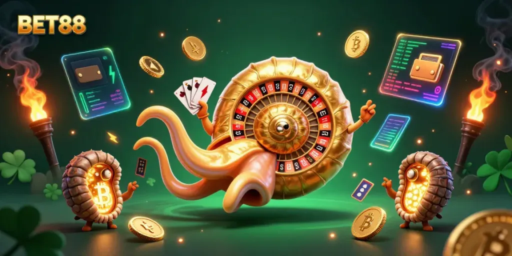 Engage with the thrilling world of BET88 featuring a giant nautilus roulette and vibrant crypto elements.