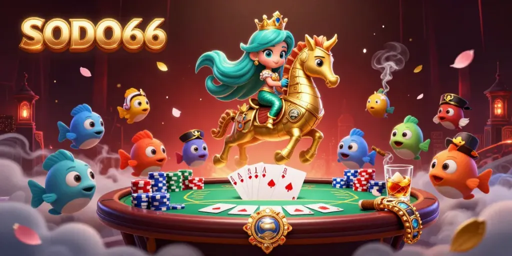 Engage with SODO66's vibrant cartoon scene of a mermaid princess and seahorse at a poker table amidst colorful characters.