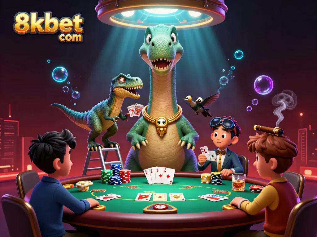 Picture of 8xbet com featuring a dinosaur and clever raptor engaged in a lively poker game.