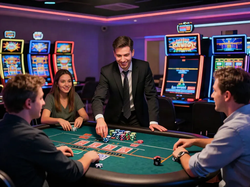 Engaging scene at credit card casinos with players enjoying games and colorful machines in a vibrant atmosphere.