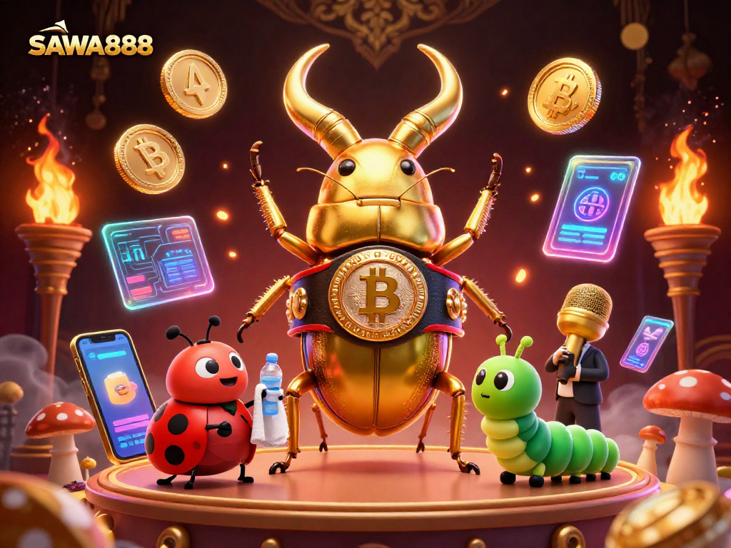 SAWA888 features a captivating scene with a golden stag beetle, vibrant coins, and exciting game elements.