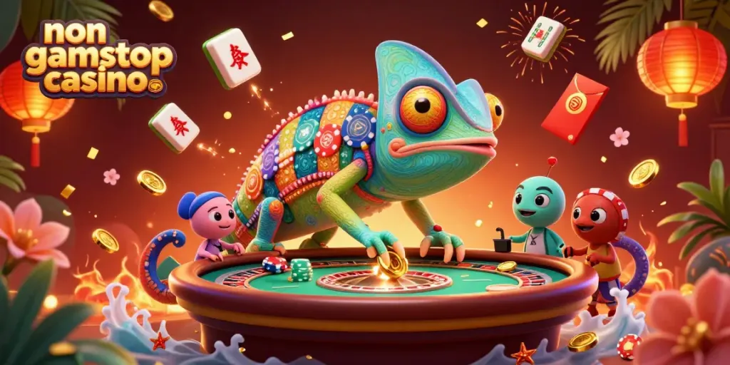 Engaging scene showcasing non gamstop casinos with a chameleon casino owner capturing coins amid dynamic gaming elements.