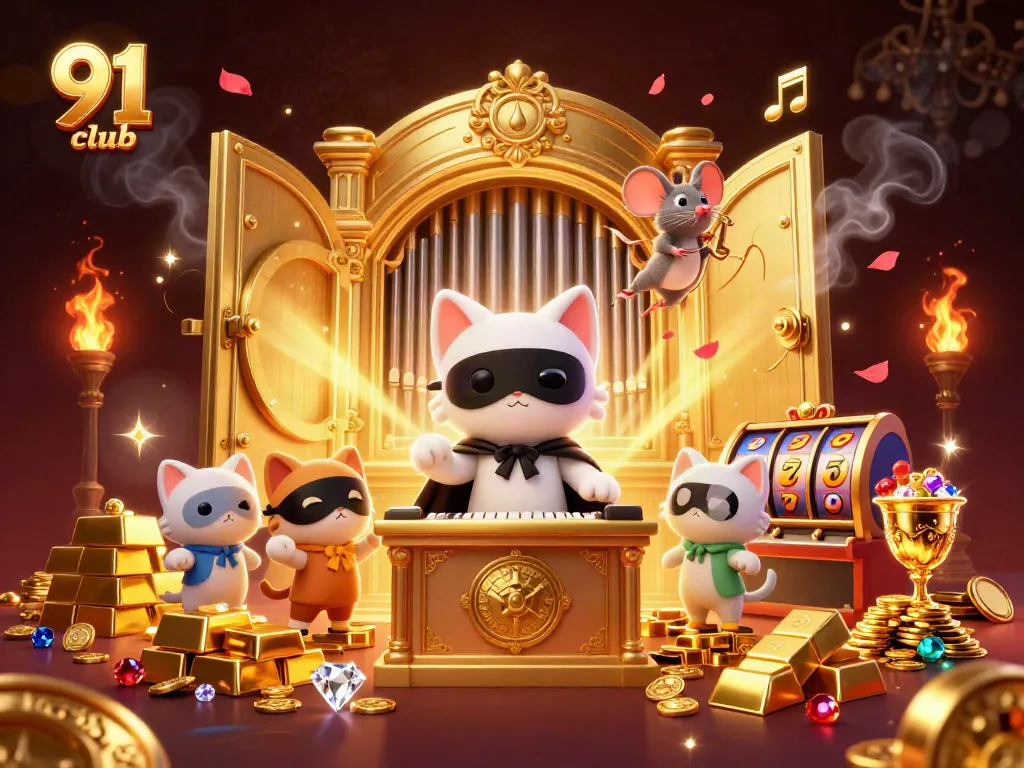 Engaging gameplay scene from 91 club featuring a phantasmic cat, vibrant slot elements, and gold treasures.