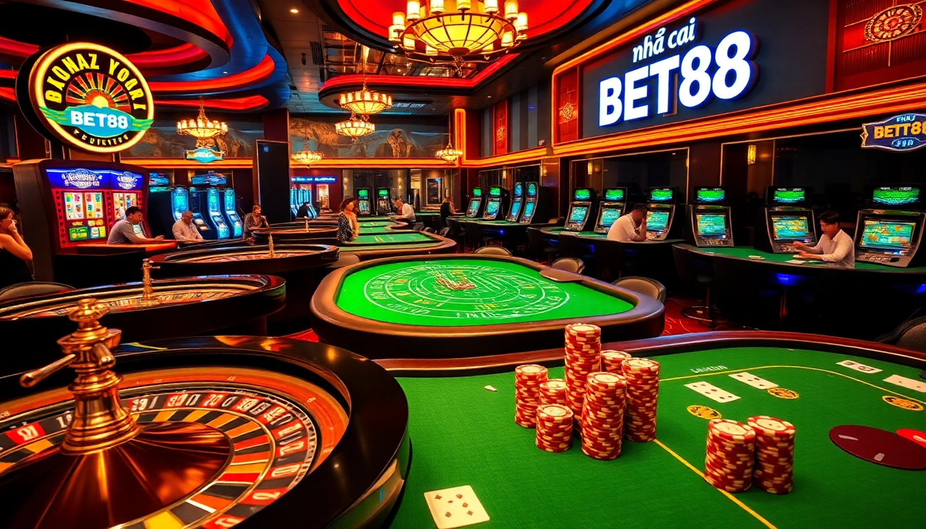 Exciting view of casino players at nhà cái BET88's vibrant tables, showcasing roulette and poker.