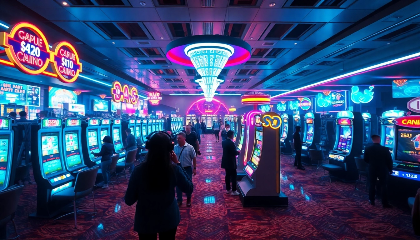 Futuristic casino showcasing interactive New Technology in slot machines and gaming experiences.
