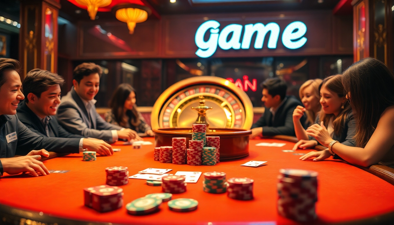 Experience the thrill of game bài đổi thưởng at an elegant casino table, featuring poker chips and enthusiastic players.