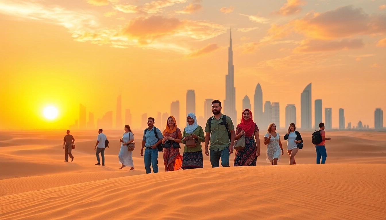 Experience the allure of Travel to Dubai with a stunning desert sunset and vibrant travelers.