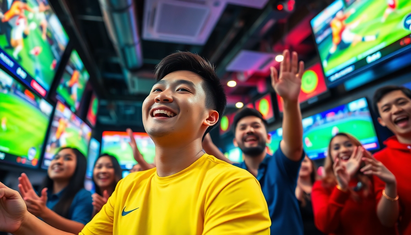 Enthusiastic fans celebrate their victories at Nhà Cái SV88 in a lively sports bar.