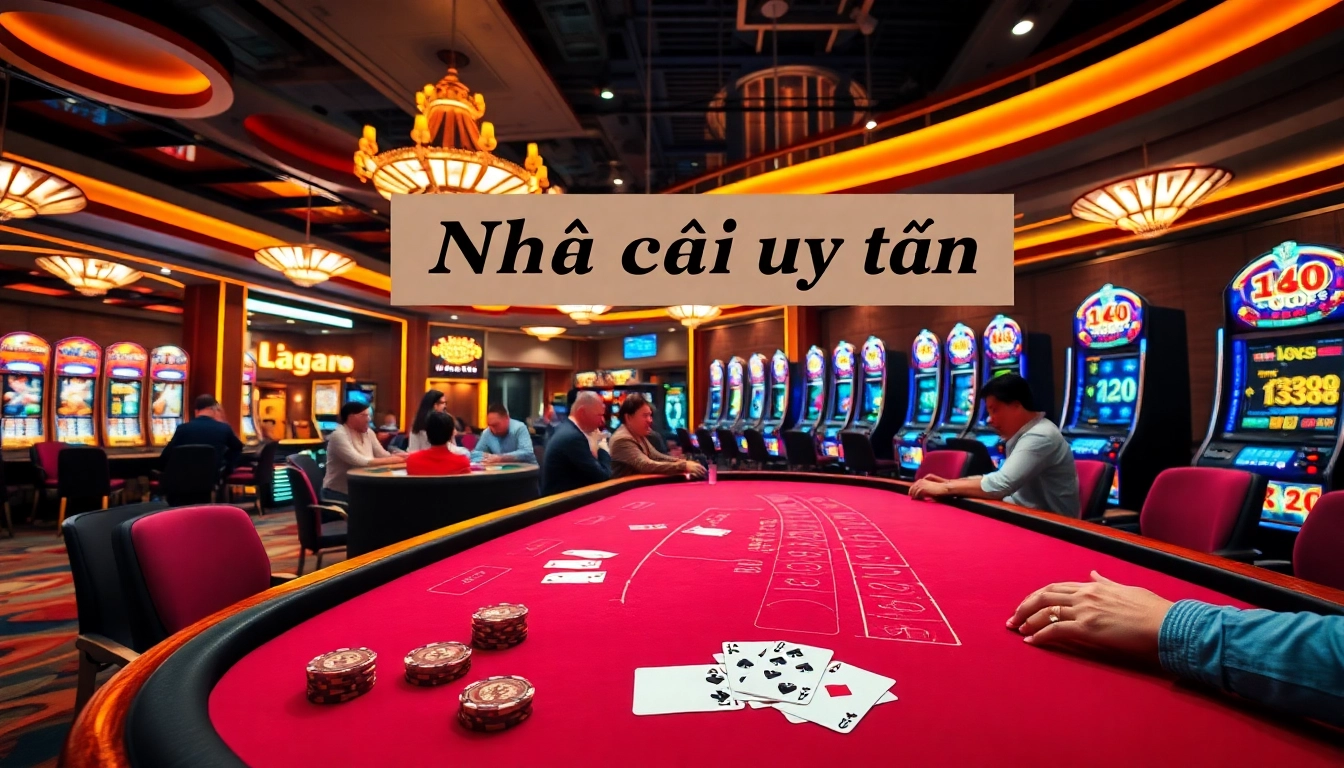Nhà cái uy tín exemplified through a luxurious casino scene filled with players at a baccarat table, highlighting excitement and trust in gambling.