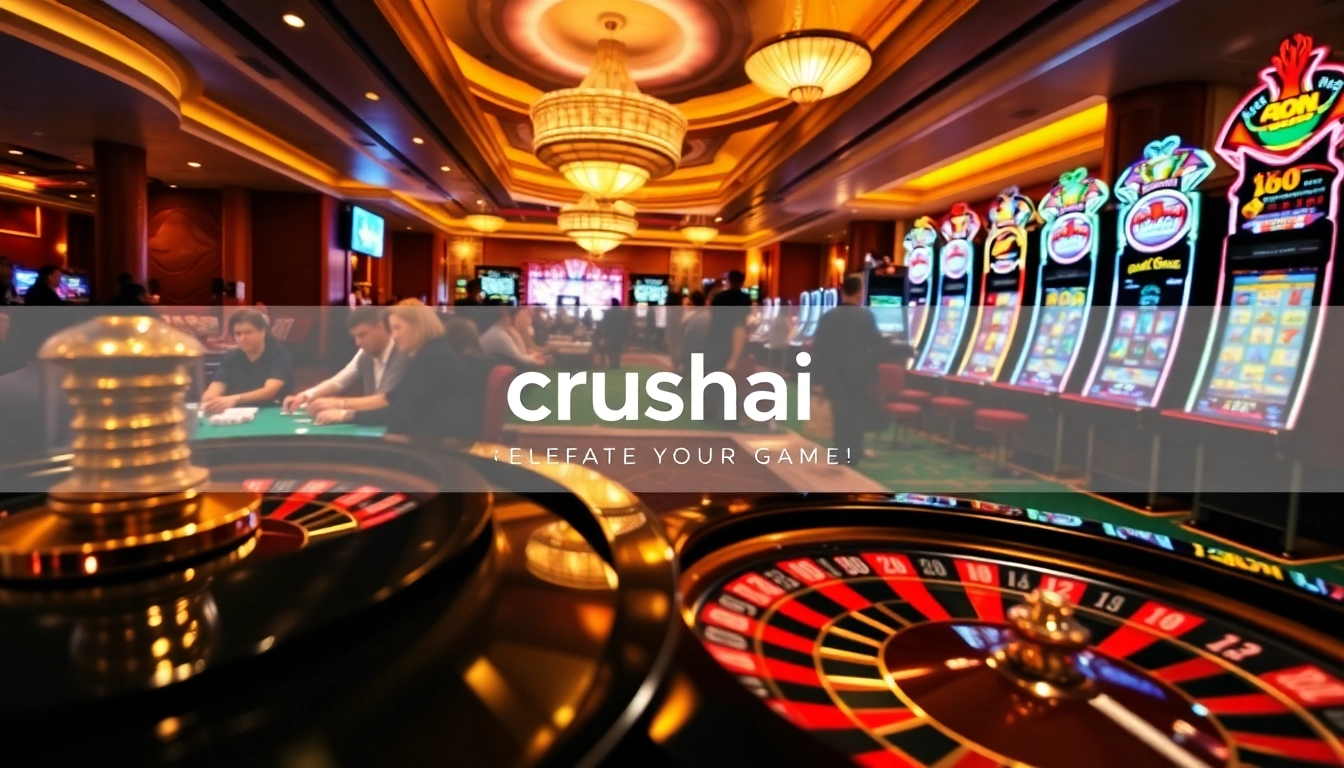 Crushai enhances the excitement of a casino scene with players enjoying roulette and poker in vibrant lighting.