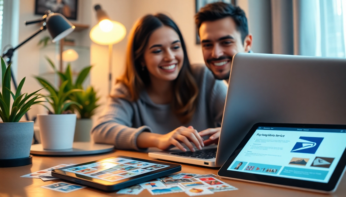 Person enjoying the convenience of buying postage stamps online at a cozy workspace.