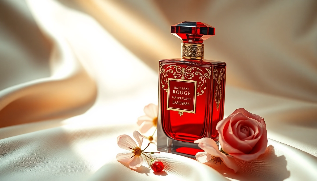 Showcasing a Baccarat Rouge 540 inspired perfume bottle on silk, highlighting elegance and luxury.