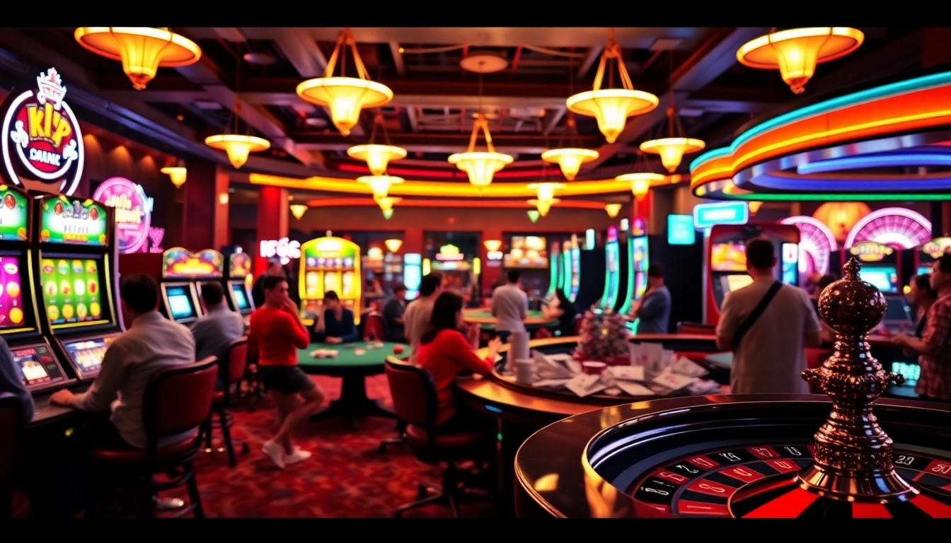 Exciting casino atmosphere showcasing KJC AC gaming activities with tables, cards, and roulette wheels.