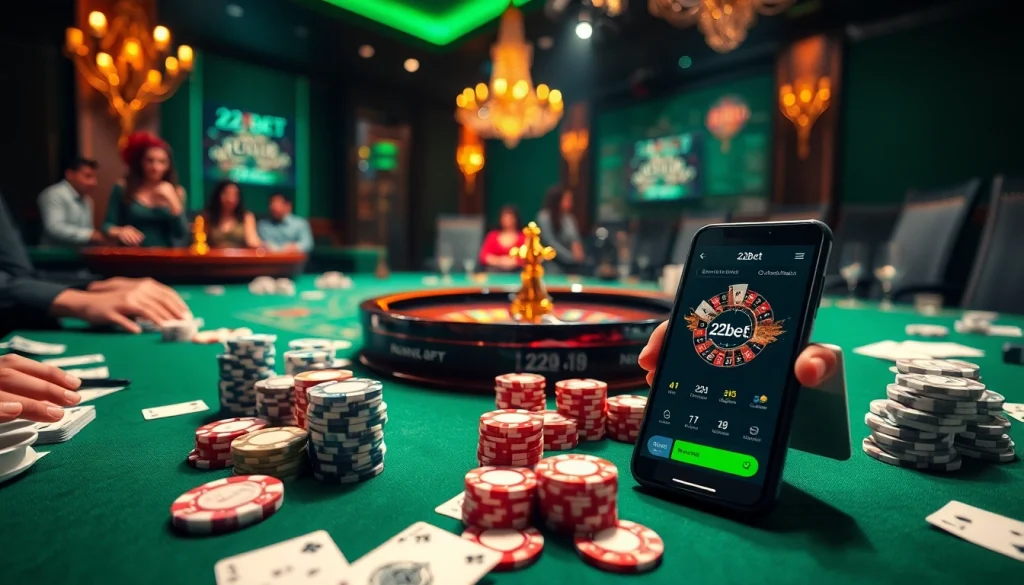 A thrilling casino scene featuring players engaged at a poker table with 22bet elements, showcasing chips and cards.