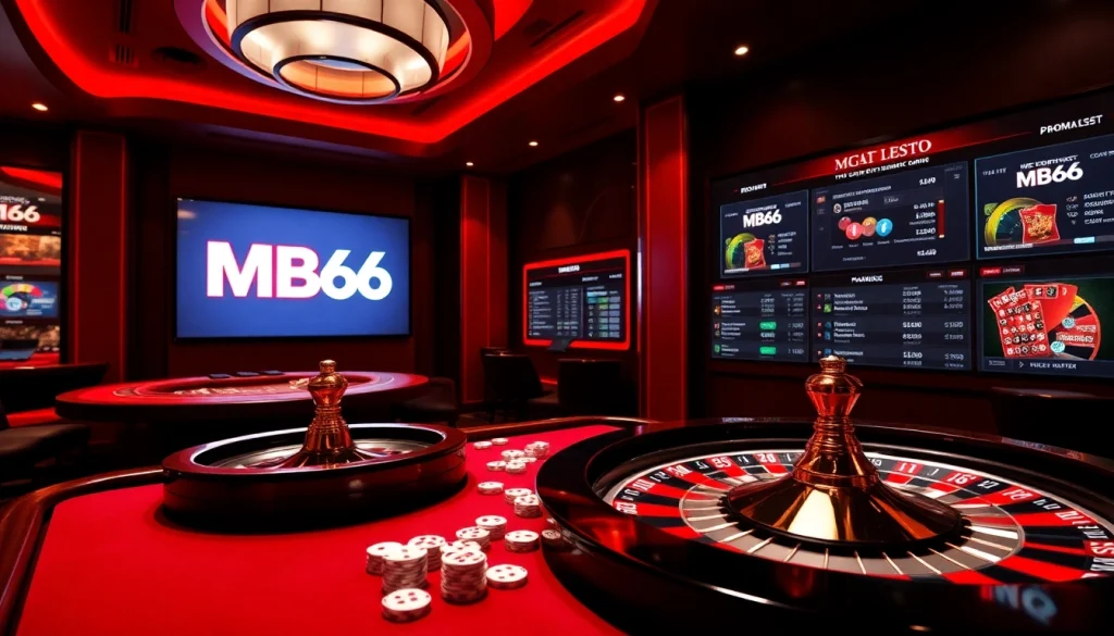 Engaged players enjoy high-stakes gaming at MB66 casino, showcasing tables, cards, and roulette wheels.