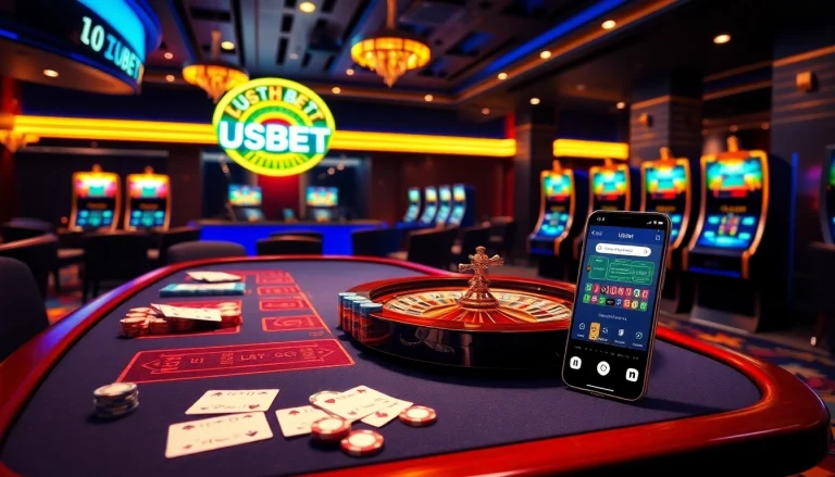 Experience thrilling gameplay with USBET's online casino featuring poker tables, slot machines, and betting slips.