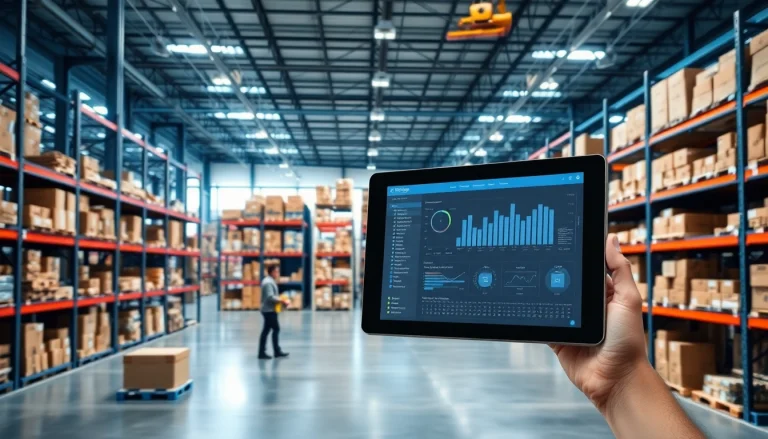 Depo yönetimi system showcasing an organized, high-tech warehouse with digital inventory tracking.