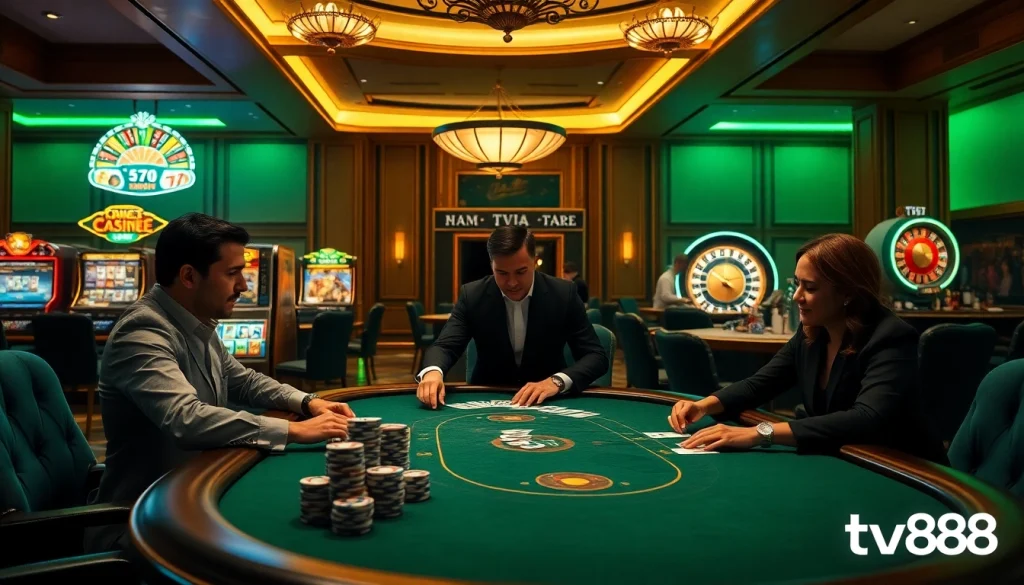 Excitement at a luxurious tv88 casino poker table with high-stakes players and vibrant slot machines.