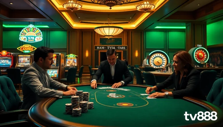 Excitement at a luxurious tv88 casino poker table with high-stakes players and vibrant slot machines.