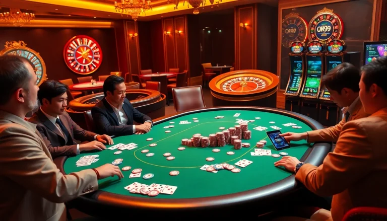 A high-stakes poker table scene at a luxurious casino featuring Ok99 elements, vibrant chips, and golden lighting.