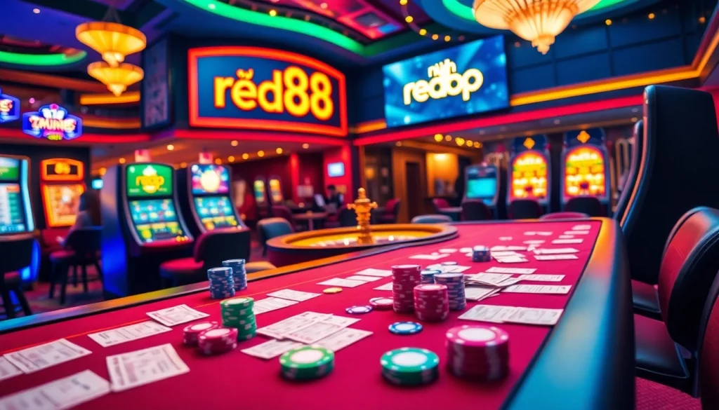 Nạp tiền red88 at a vibrant casino table with poker chips and illuminated slot machines.