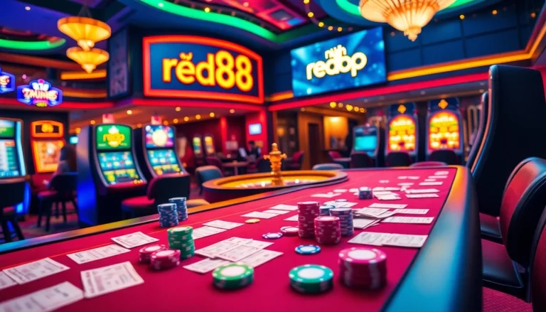 Nạp tiền red88 at a vibrant casino table with poker chips and illuminated slot machines.