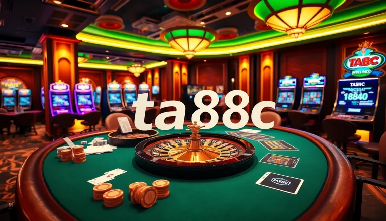 Experience the thrill of ta88c gaming at a luxurious casino filled with poker chips and roulette wheels.