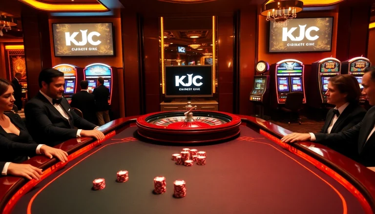 KJC casino players engaged at a high-stakes poker table in an elegant setting.
