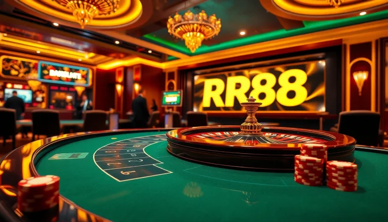 Players engaging in thrilling games at RR88, showcasing a luxurious online casino experience with vibrant betting elements.