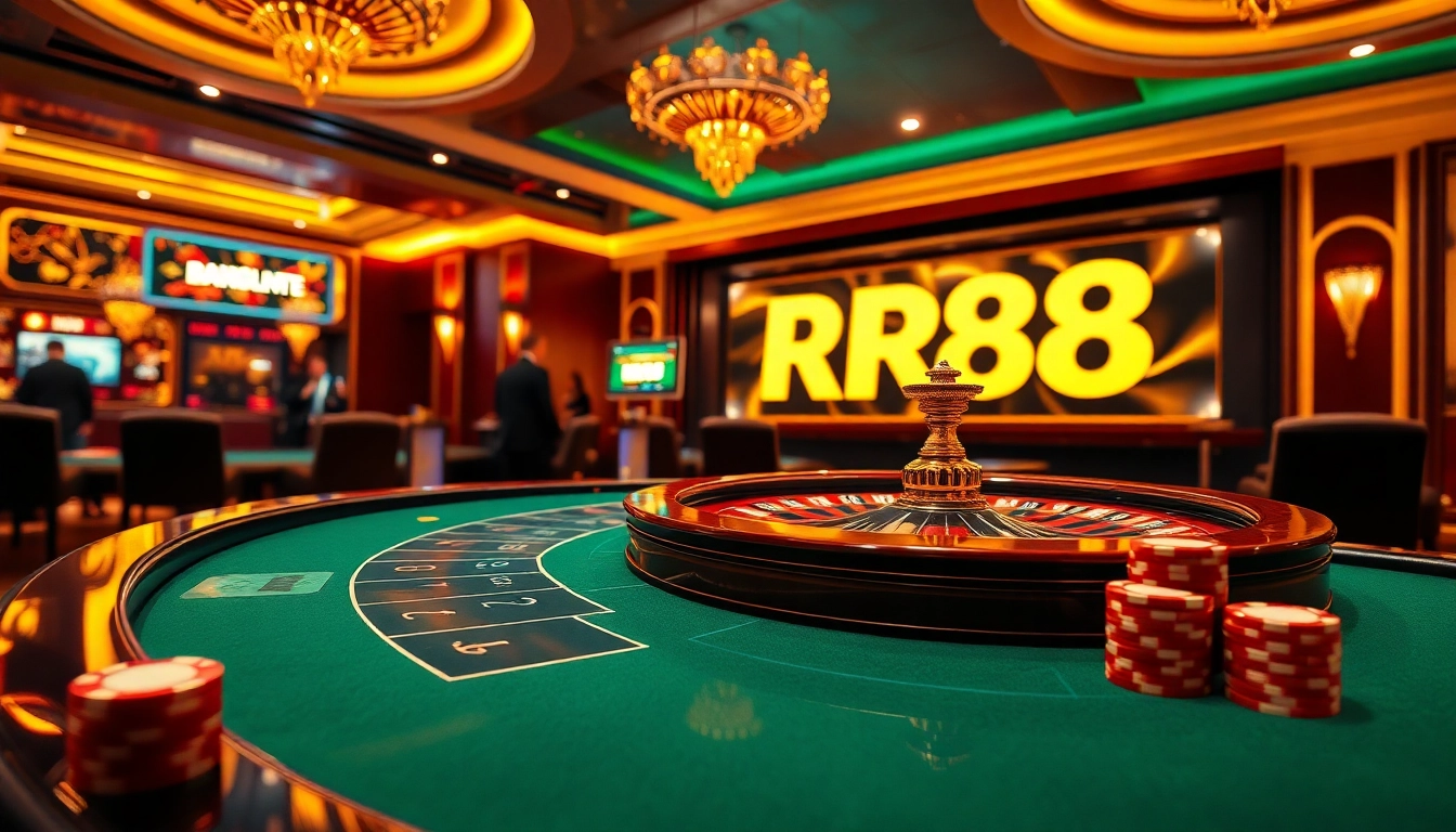 Players engaging in thrilling games at RR88, showcasing a luxurious online casino experience with vibrant betting elements.