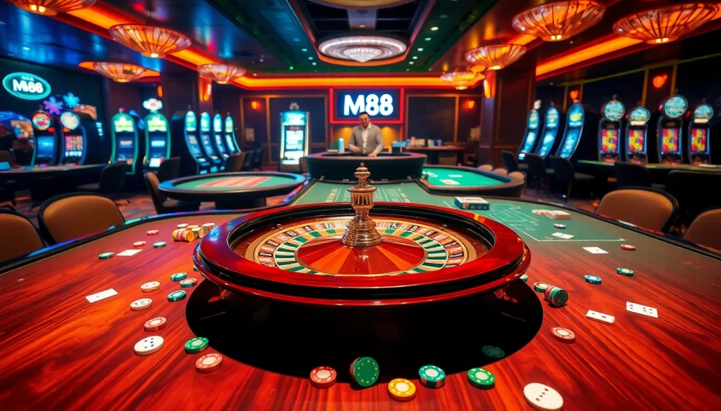 Experience the thrilling action at MM88 with vibrant casino game tables and lively players.