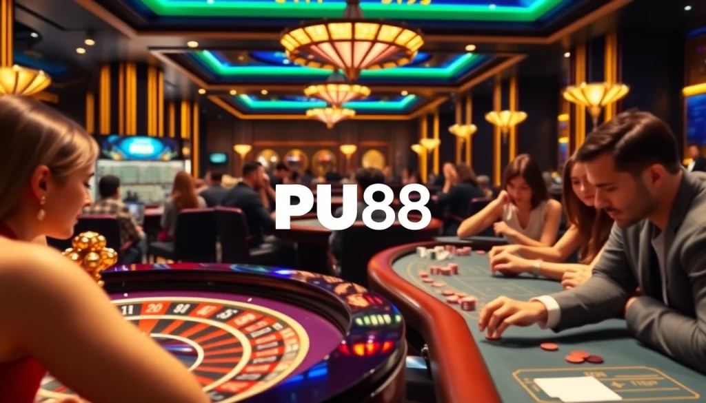 Players enjoying thrilling games at a PU88 casino with poker tables and roulette.