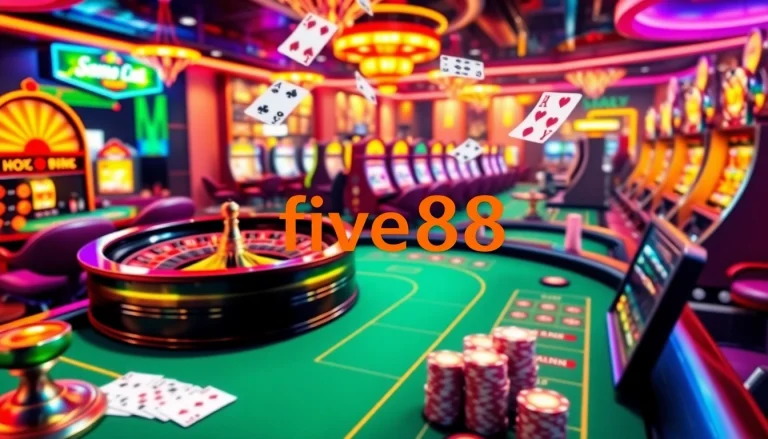 Engage with five88's thrilling online casino atmosphere filled with casino tables, cards, and excitement.