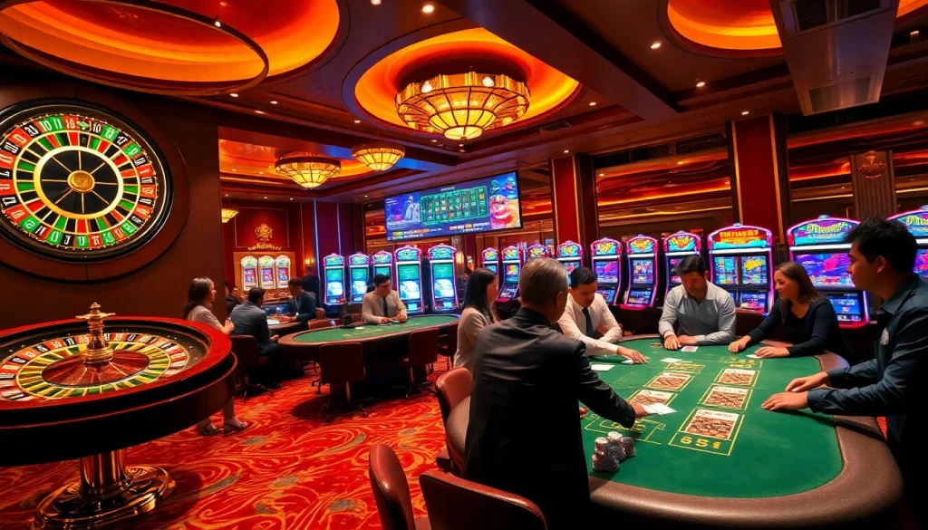 Experience the excitement of gaming at https://xn882025.online/ with a vibrant casino scene featuring roulette and poker.