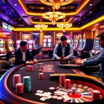 KJC poker players enjoying a thrilling high-stakes game at a luxurious casino table.