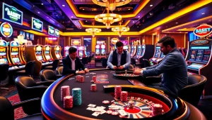 KJC poker players enjoying a thrilling high-stakes game at a luxurious casino table.