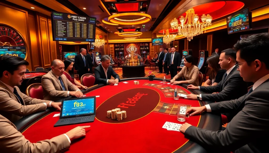 Engaged players enjoying top-notch gaming at F8Bet online casino, complete with vibrant casino elements.