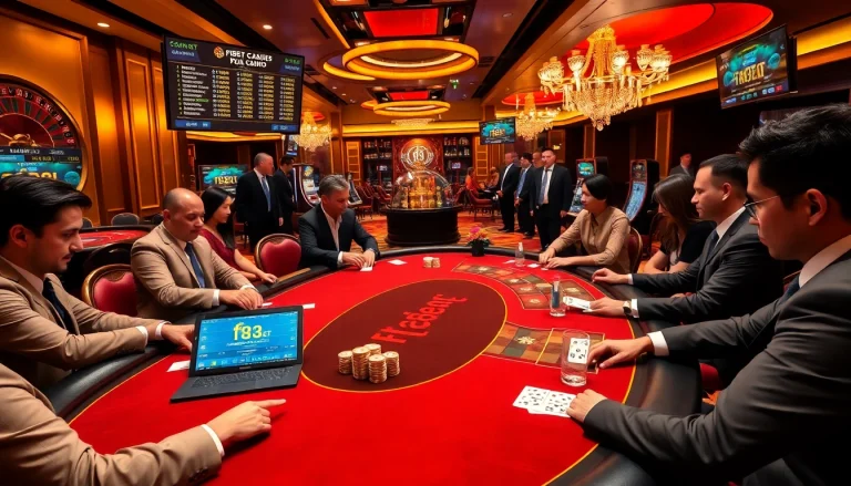 Engaged players enjoying top-notch gaming at F8Bet online casino, complete with vibrant casino elements.