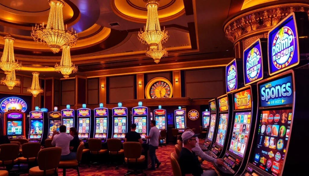 Excited gamblers playing vibrant slot machines in a luxurious casino setting.