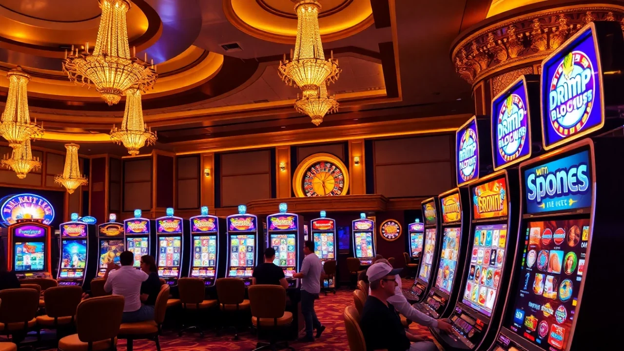 Excited gamblers playing vibrant slot machines in a luxurious casino setting.